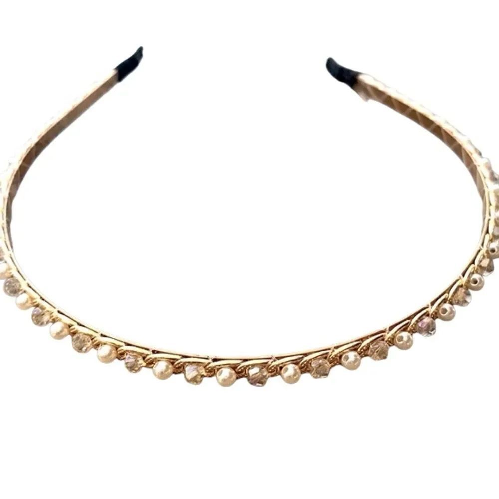 Thin Jeweled Headband with Pearls & Crystals - Dainty Golden Tone